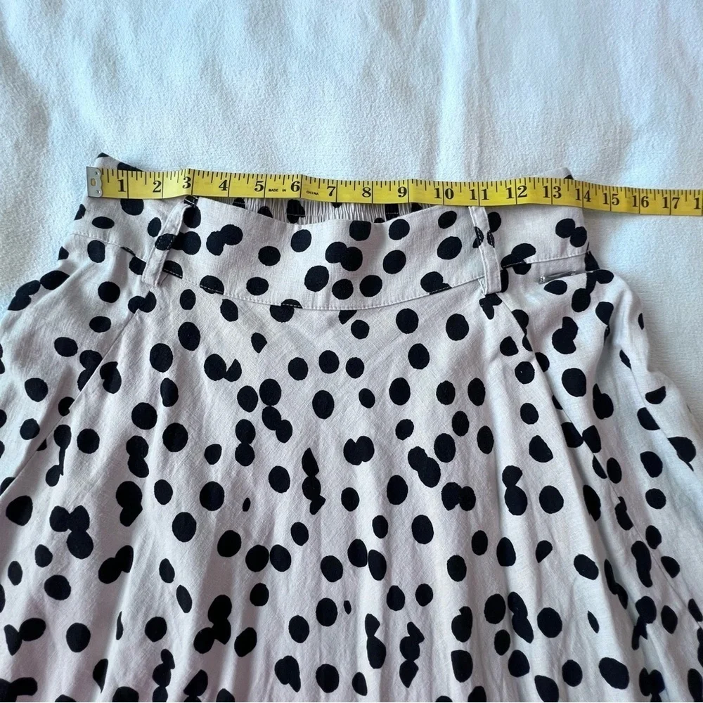 Tahari Belted Elastic Waist Black Beige Polka Dot Linen Blend Midi Skirt Women 8 - Picture 9 of 14